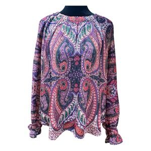 LOFT Women's Long-Sleeve Blouse Sz LP Purple Pink Paisley Lined Sheer WT41